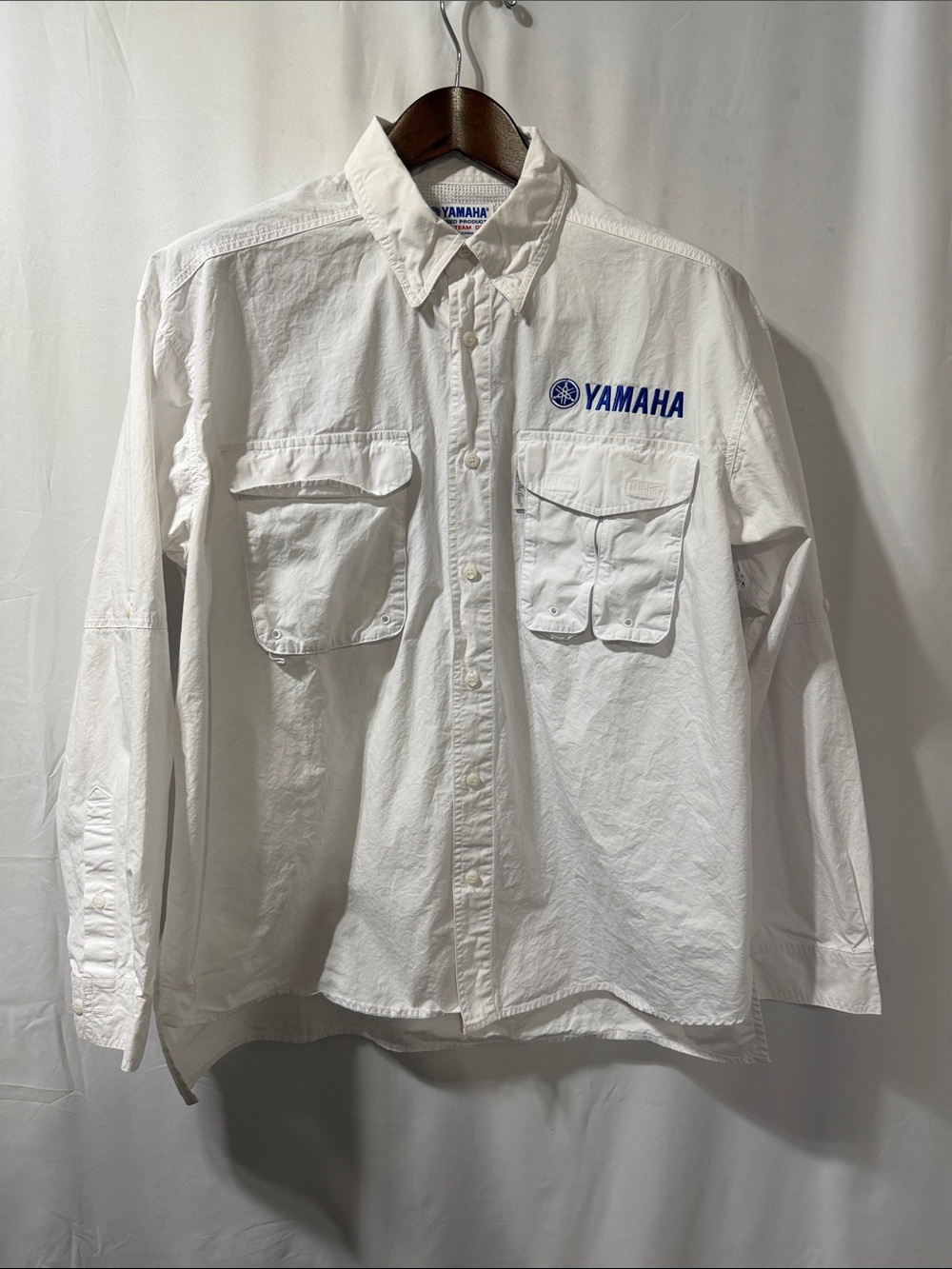 Yamaha White Long-Sleeve Button Shirt with Blue Logo